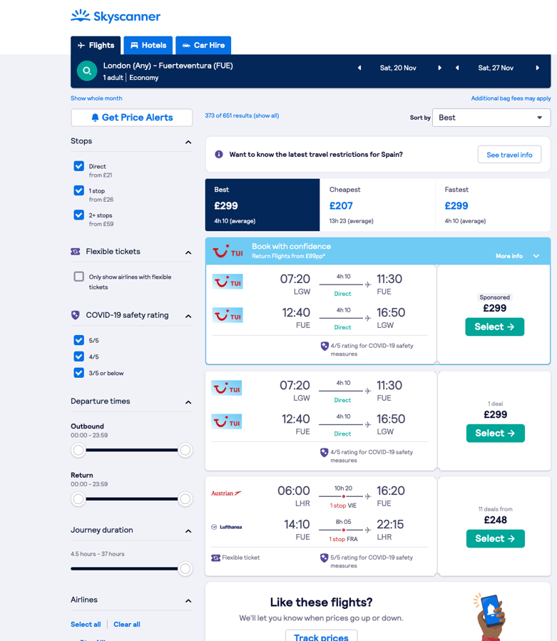 An Inline plus ad showcasing TUI on a London to Fuerteventura search results page