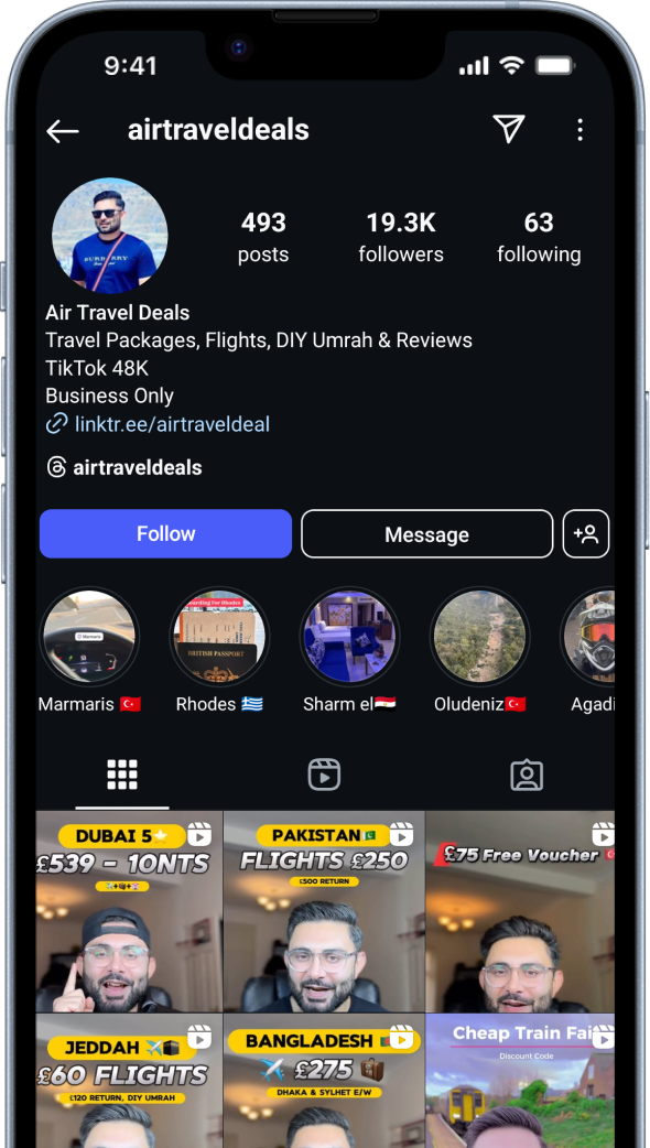 Smartphone showing the instagram profile of a Skyscanner creator