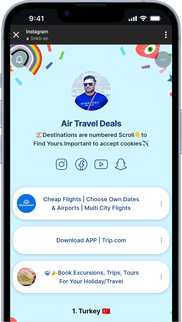Smartphone showing a Linktree account of a Skyscanner creator