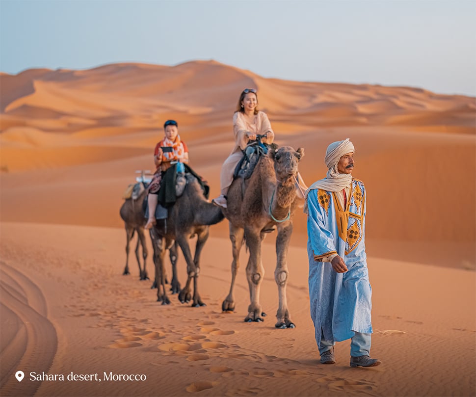 Asian Chinese Female Tourist Camel caravan going through the Sahara desert in Morocco at sunset lead by camel driver - stock photo